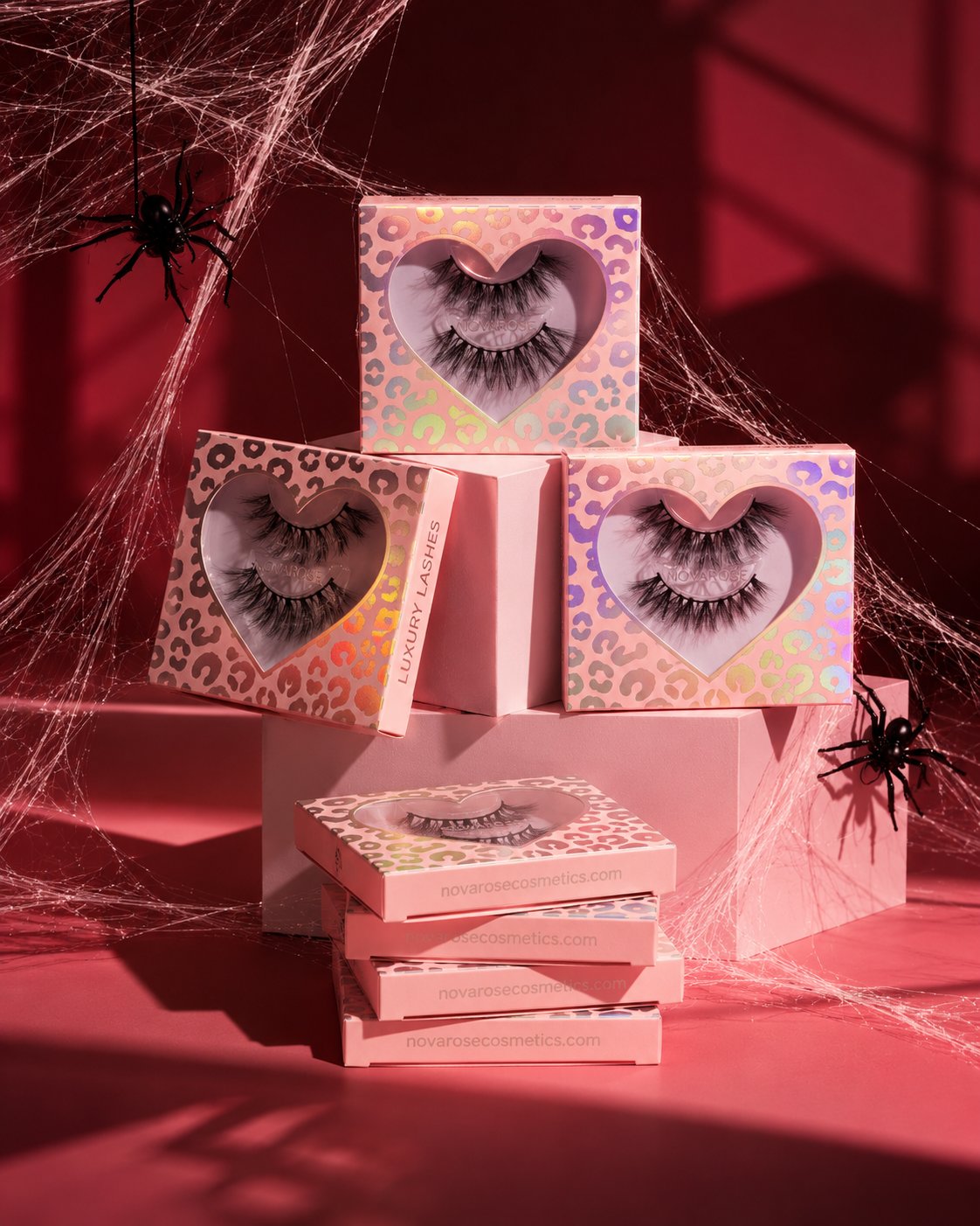 Heart-window leopard print lash boxes on pink pedestals with Halloween cobwebs and spiders